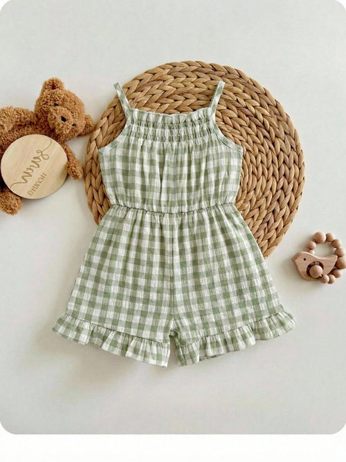 Baby Girl Plaid Ruffle Casual Jumpsuit Romper For Summer Everyday Wear