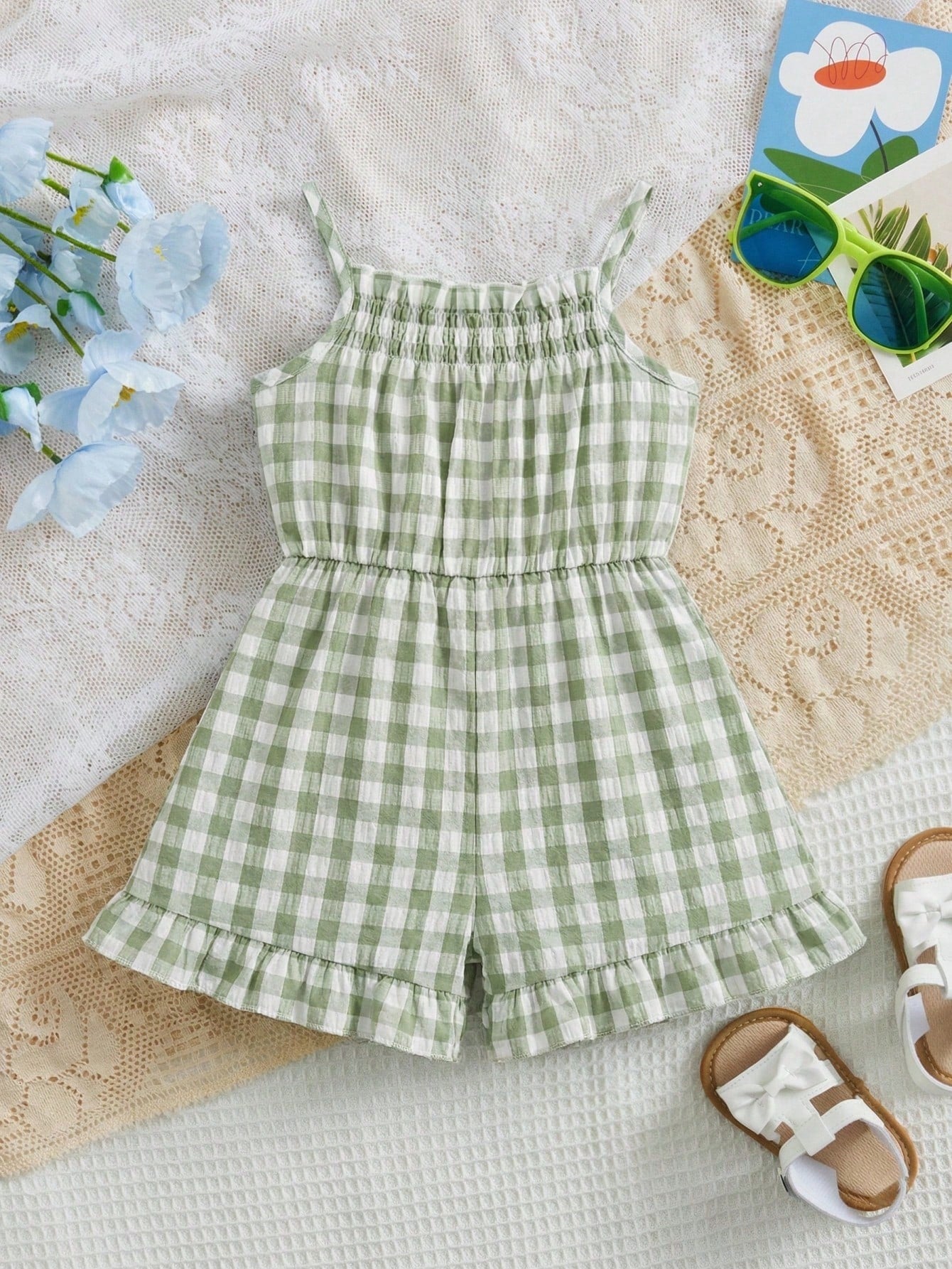 Baby Girl Plaid Ruffle Casual Jumpsuit Romper For Summer Everyday Wear