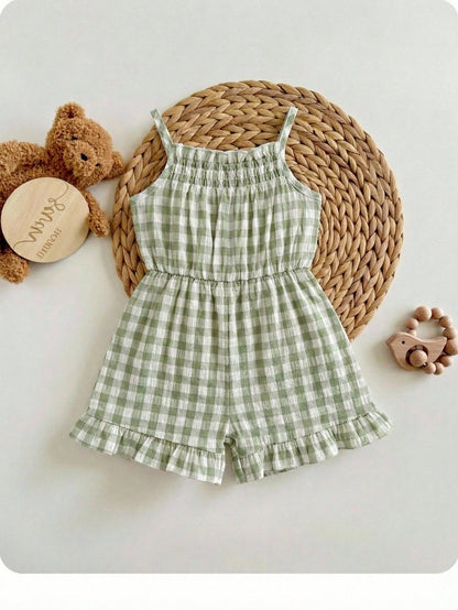 Baby Girl Plaid Ruffle Casual Jumpsuit Romper For Summer Everyday Wear