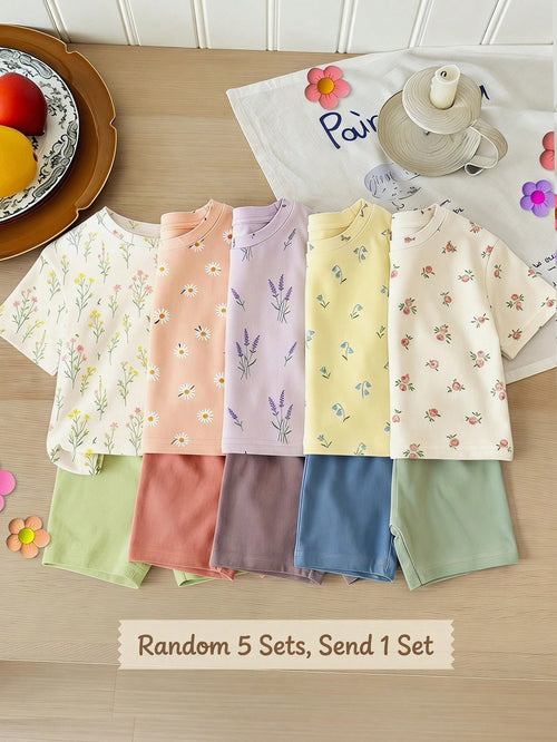 Baby Girl Summer Casual Sweet Cute Ditsy Floral Comfortable Short Sleeve T-Shirt And Skinny Shorts Set