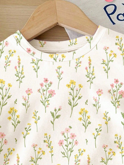 Baby Girl Summer Casual Sweet Cute Ditsy Floral Comfortable Short Sleeve T-Shirt And Skinny Shorts Set