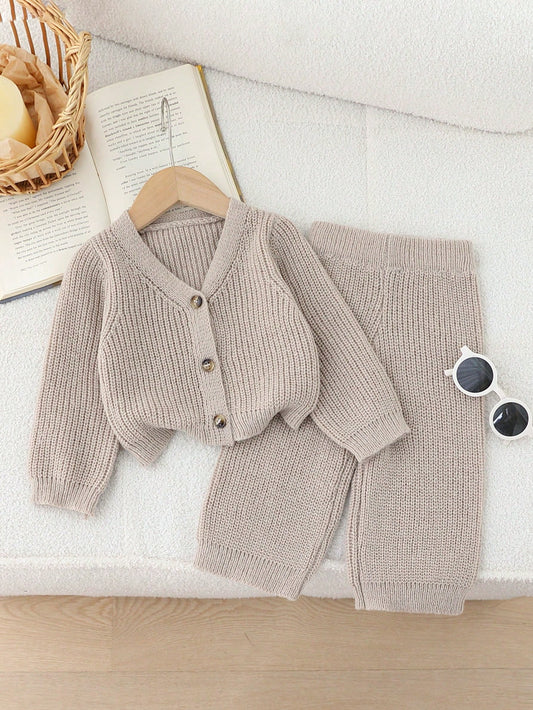 Baby Girl Winter Minimalist Versatile Solid Color Cardigan & Knitted Pants Set