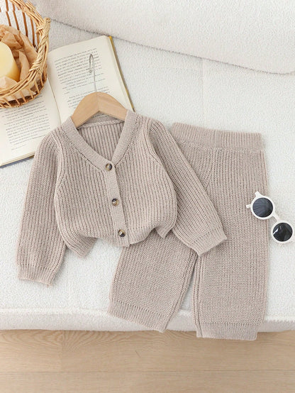 Baby Girl Winter Minimalist Versatile Solid Color Cardigan & Knitted Pants Set