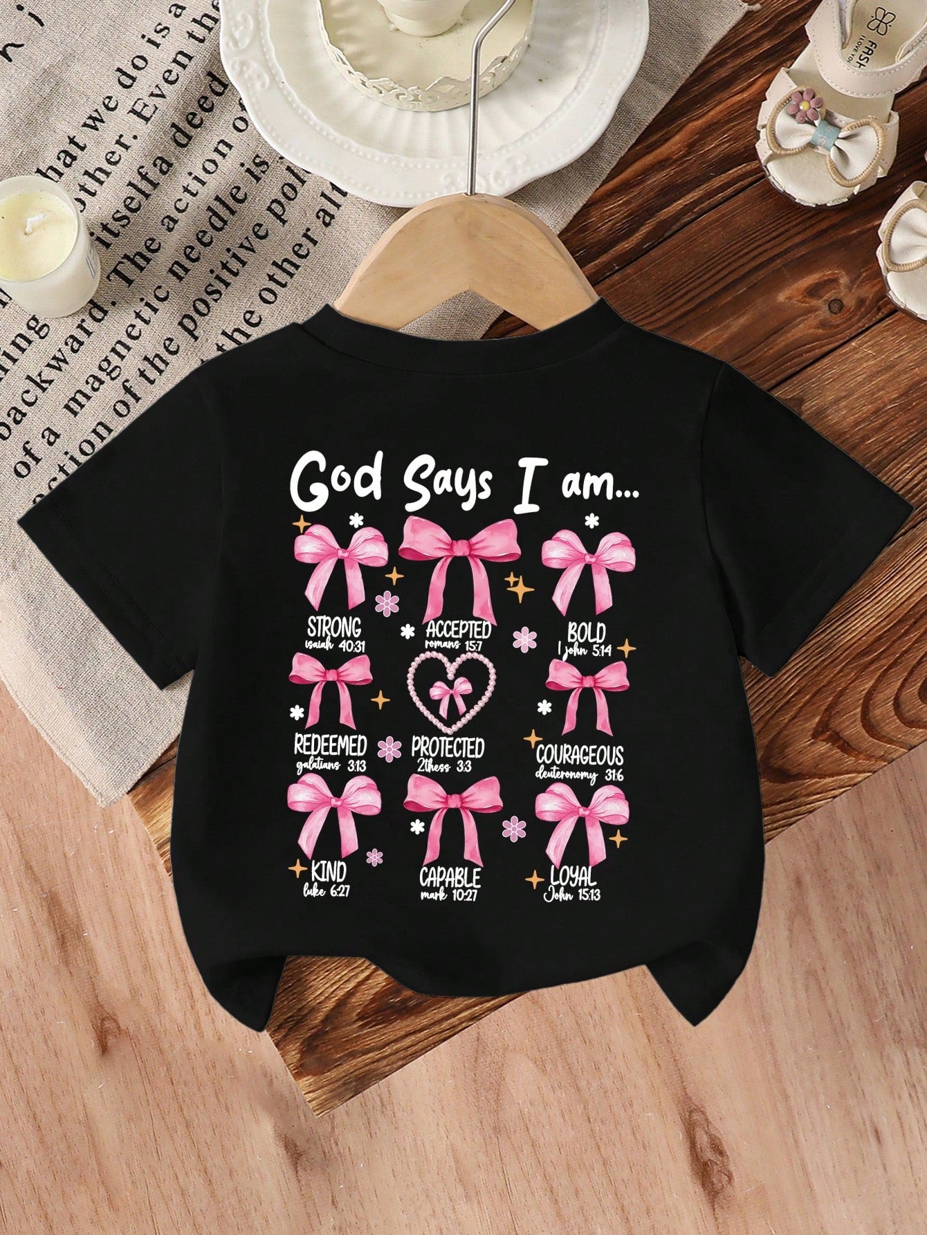 Baby Girls' "God Says I Am Strong" Bow, Pearl, Heart Print Round Neck Short Sleeve Cute Black T-Shirt