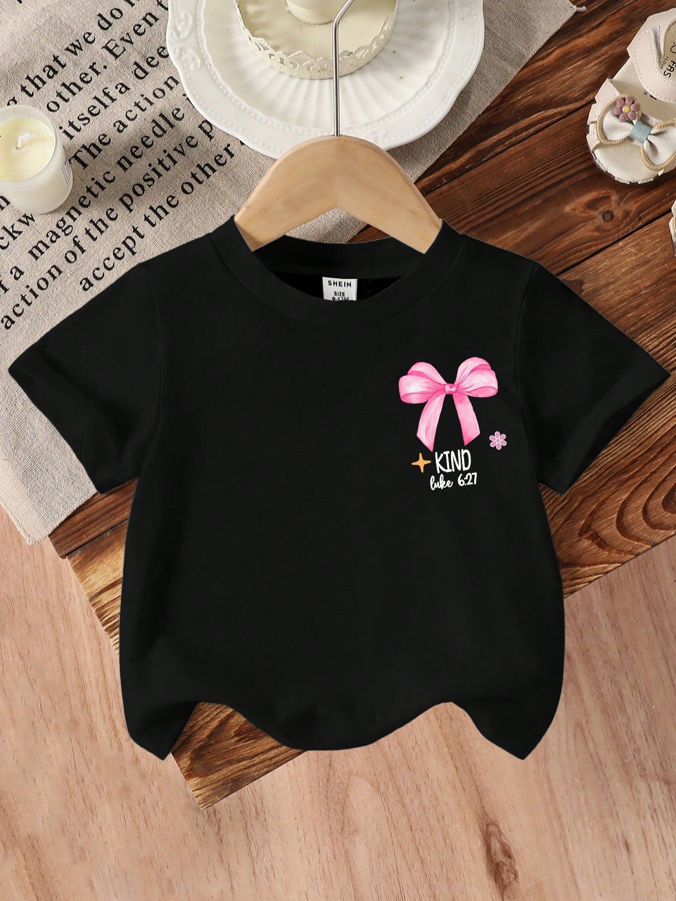 Baby Girls' "God Says I Am Strong" Bow, Pearl, Heart Print Round Neck Short Sleeve Cute Black T-Shirt