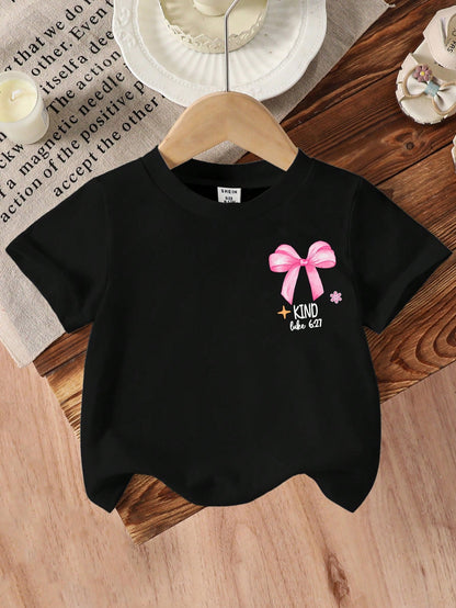 Baby Girls' "God Says I Am Strong" Bow, Pearl, Heart Print Round Neck Short Sleeve Cute Black T-Shirt