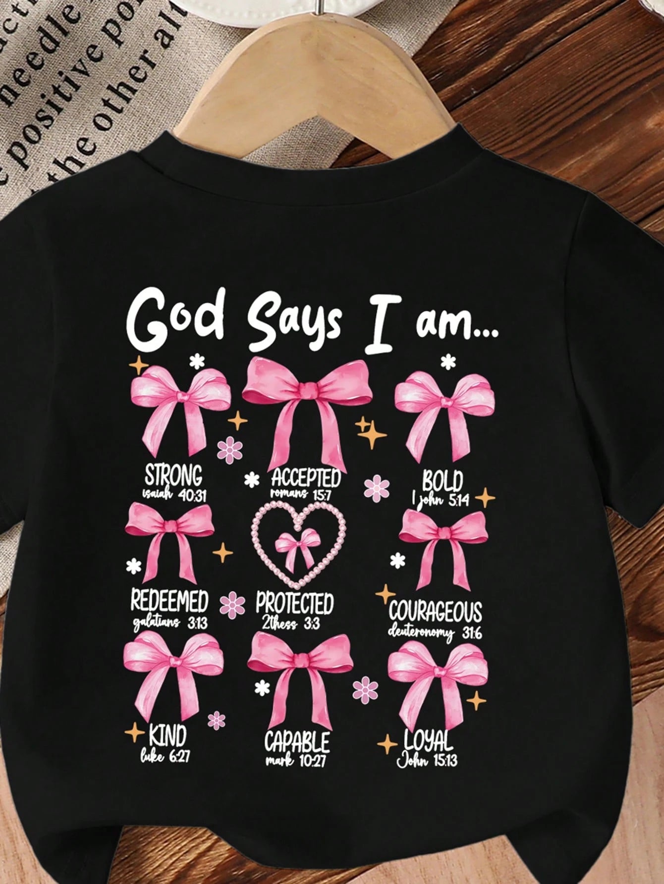 Baby Girls' "God Says I Am Strong" Bow, Pearl, Heart Print Round Neck Short Sleeve Cute Black T-Shirt