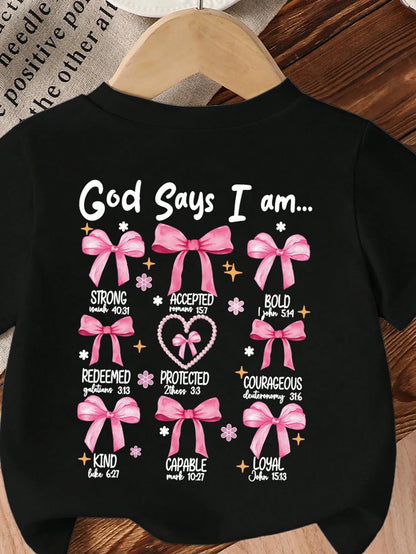 Baby Girls' "God Says I Am Strong" Bow, Pearl, Heart Print Round Neck Short Sleeve Cute Black T-Shirt