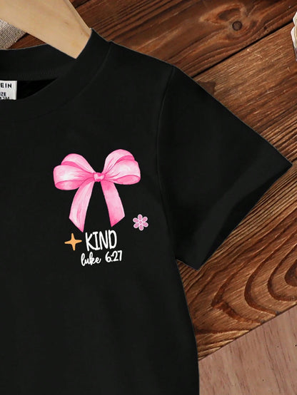 Baby Girls' "God Says I Am Strong" Bow, Pearl, Heart Print Round Neck Short Sleeve Cute Black T-Shirt