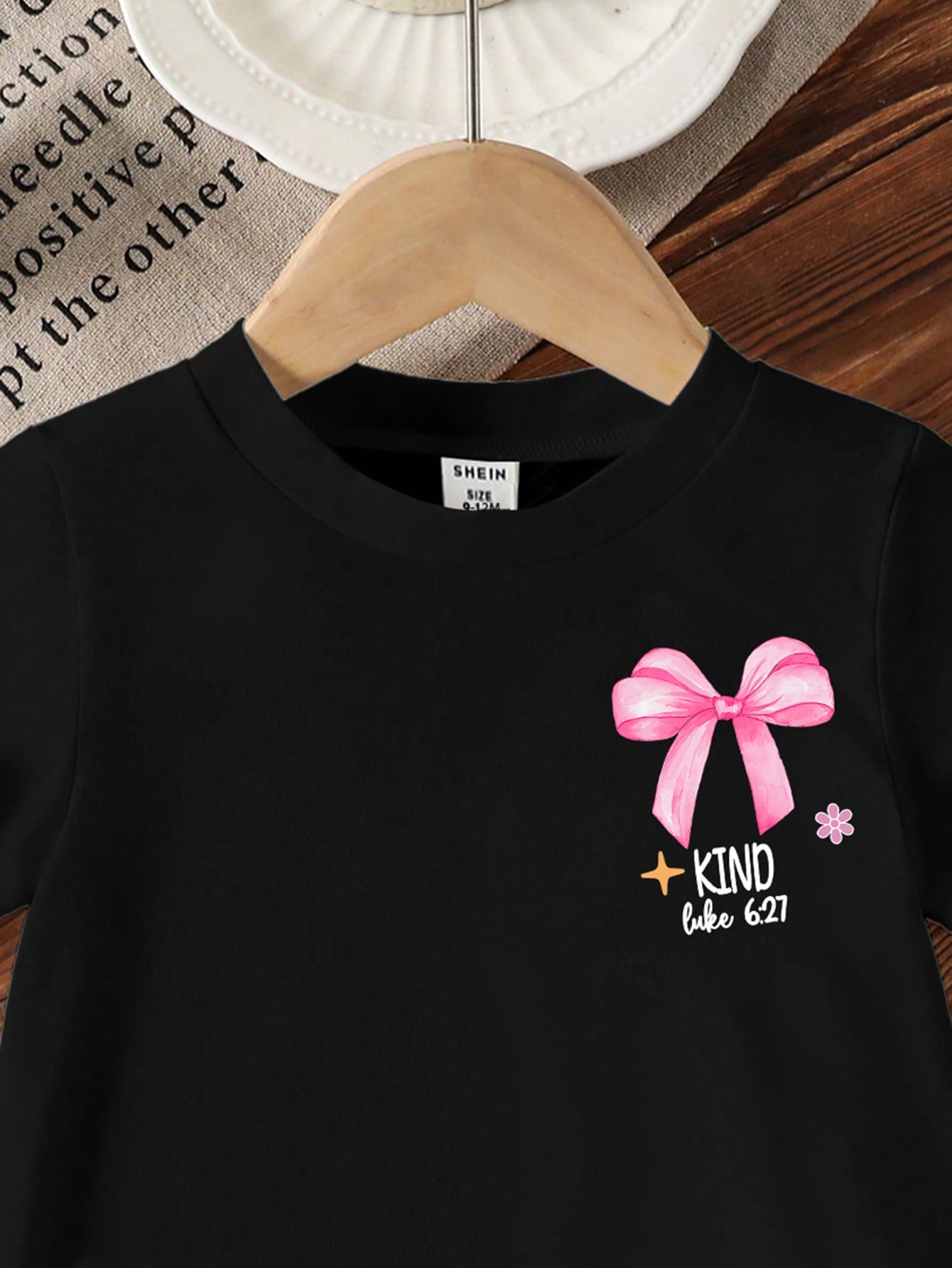 Baby Girls' "God Says I Am Strong" Bow, Pearl, Heart Print Round Neck Short Sleeve Cute Black T-Shirt