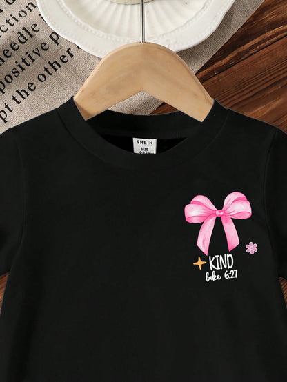 Baby Girls' "God Says I Am Strong" Bow, Pearl, Heart Print Round Neck Short Sleeve Cute Black T-Shirt