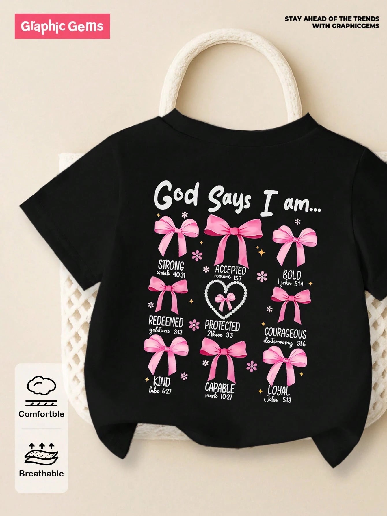Baby Girls' "God Says I Am Strong" Bow, Pearl, Heart Print Round Neck Short Sleeve Cute Black T-Shirt