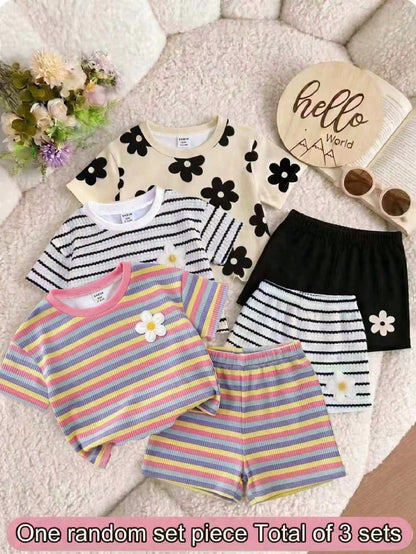Baby Girls Simple Casual 3pcs Pieces Set Short Sleeve Top Suitable For Summer