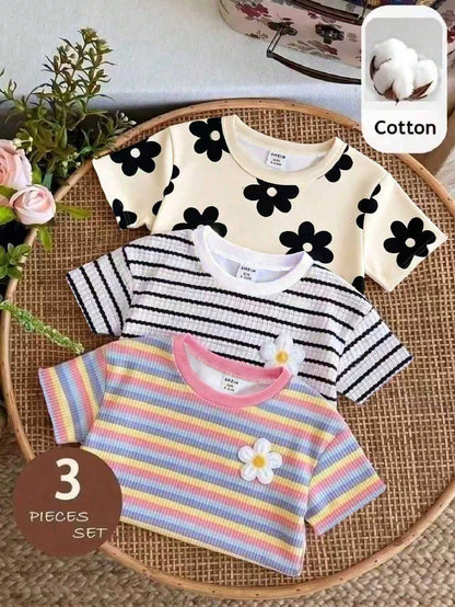 Baby Girls Simple Casual 3pcs Pieces Set Short Sleeve Top Suitable For Summer