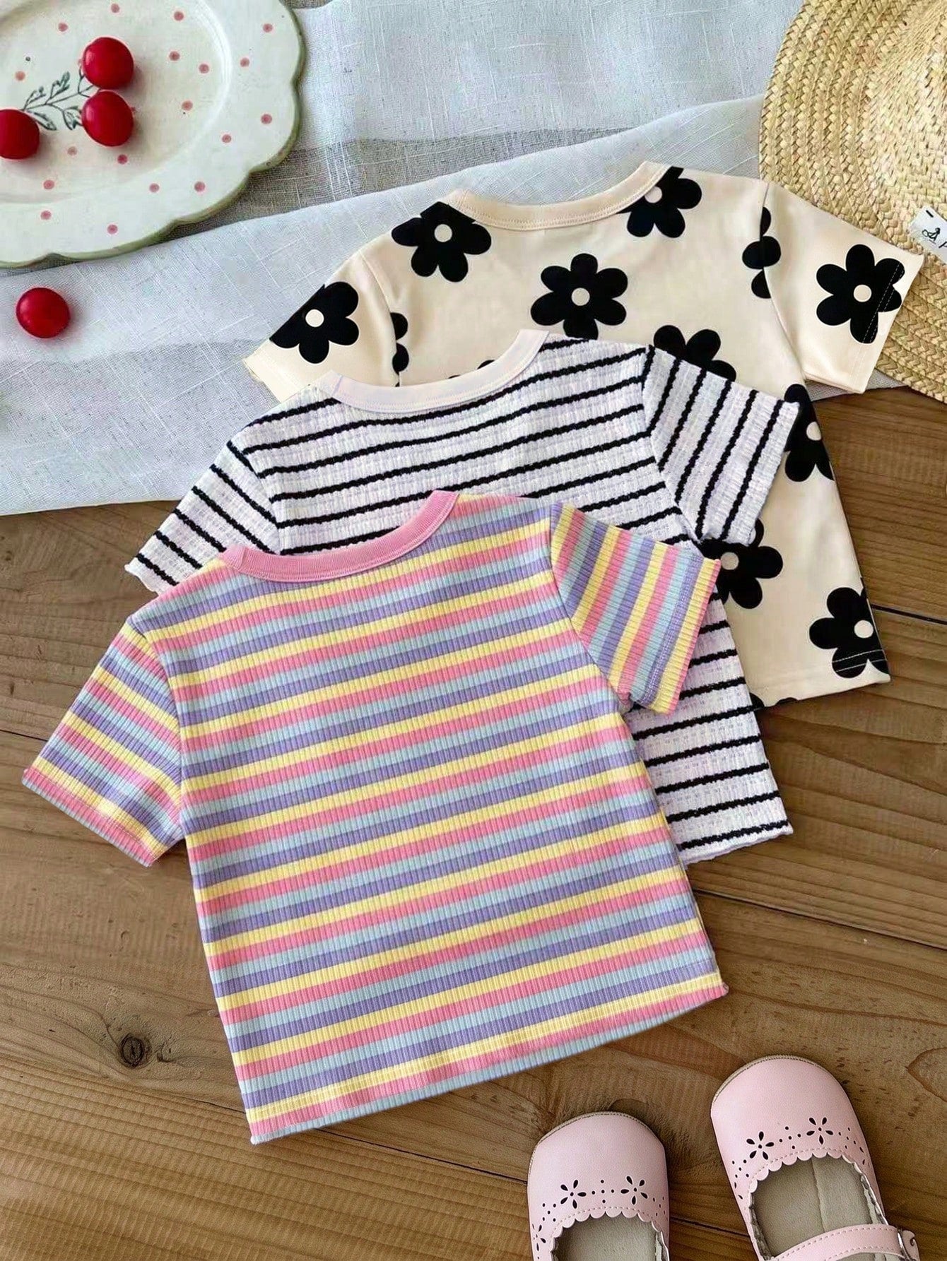 Baby Girls Simple Casual 3pcs Pieces Set Short Sleeve Top Suitable For Summer