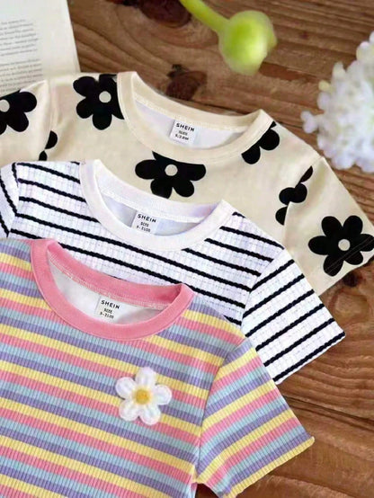 Baby Girls Simple Casual 3pcs Pieces Set Short Sleeve Top Suitable For Summer