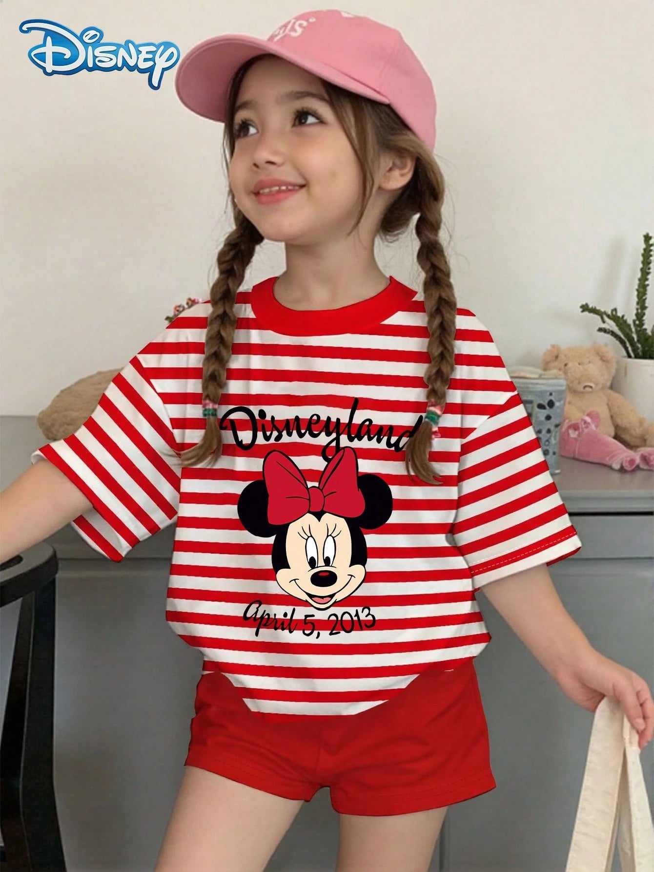 Baby Girls T-Shirt Set, Summer Disney Vintage Sweet Style, Fitted Round Neck Red & White Striped Minnie Mouse Print Short Sleeve T-Shirt + Bright Red Shorts 2-Piece Set, Casual Outfit For Daily Wear