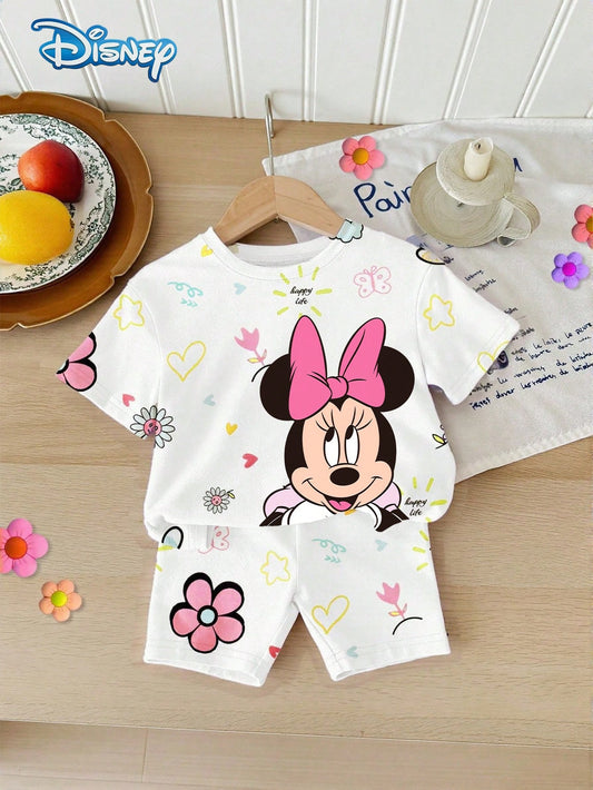 Baby Girls T-Shirt Set, Summer Disney Soft Cute Korean Style Round Neck Colorful Graffiti Mickey Mouse Short Sleeve T-Shirt + Matching White Shorts, Casual Daily Outing Vacation Party Outfit, Suitable