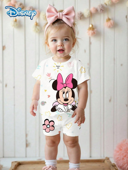 Baby Girls T-Shirt Set, Summer Disney Soft Cute Korean Style Round Neck Colorful Graffiti Mickey Mouse Short Sleeve T-Shirt + Matching White Shorts, Casual Daily Outing Vacation Party Outfit, Suitable