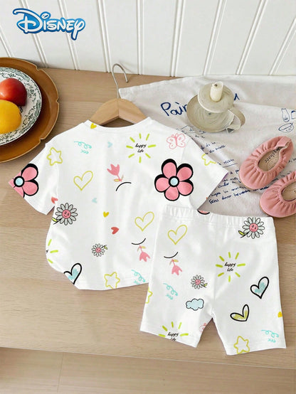Baby Girls T-Shirt Set, Summer Disney Soft Cute Korean Style Round Neck Colorful Graffiti Mickey Mouse Short Sleeve T-Shirt + Matching White Shorts, Casual Daily Outing Vacation Party Outfit, Suitable