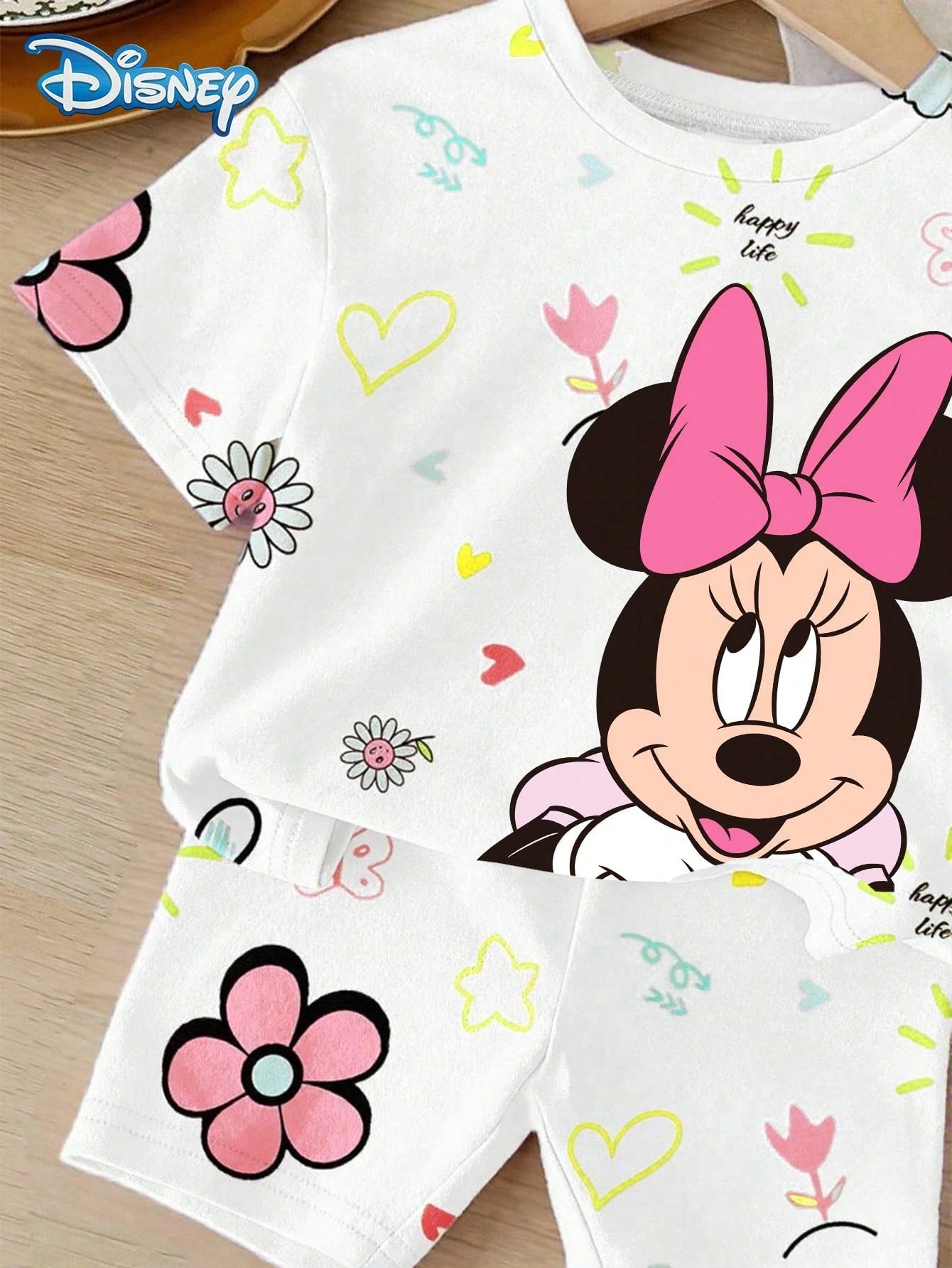 Baby Girls T-Shirt Set, Summer Disney Soft Cute Korean Style Round Neck Colorful Graffiti Mickey Mouse Short Sleeve T-Shirt + Matching White Shorts, Casual Daily Outing Vacation Party Outfit, Suitable
