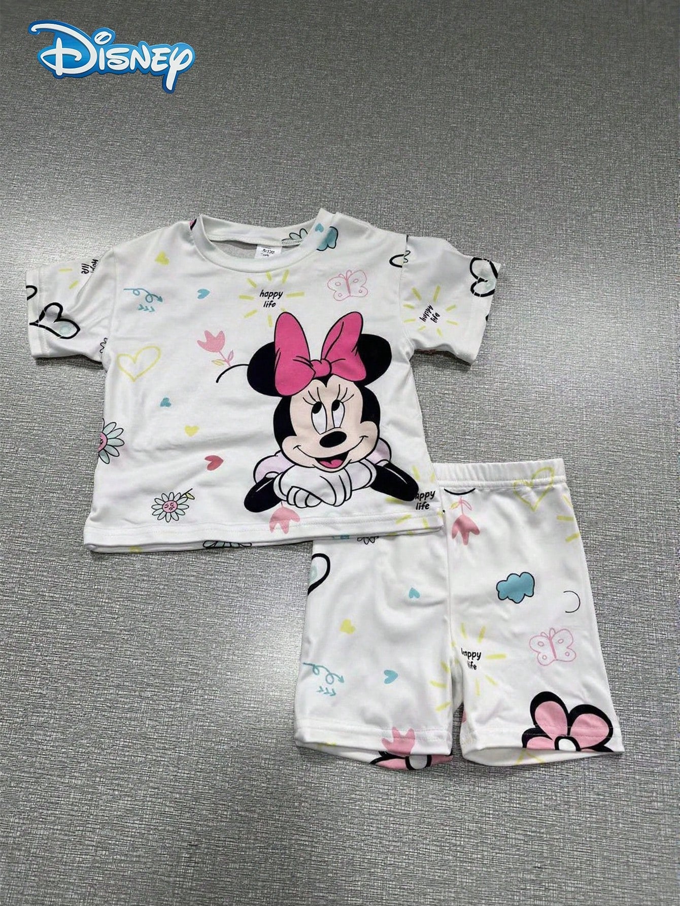 Baby Girls T-Shirt Set, Summer Disney Soft Cute Korean Style Round Neck Colorful Graffiti Mickey Mouse Short Sleeve T-Shirt + Matching White Shorts, Casual Daily Outing Vacation Party Outfit, Suitable