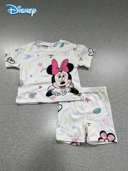 Baby Girls T-Shirt Set, Summer Disney Soft Cute Korean Style Round Neck Colorful Graffiti Mickey Mouse Short Sleeve T-Shirt + Matching White Shorts, Casual Daily Outing Vacation Party Outfit, Suitable