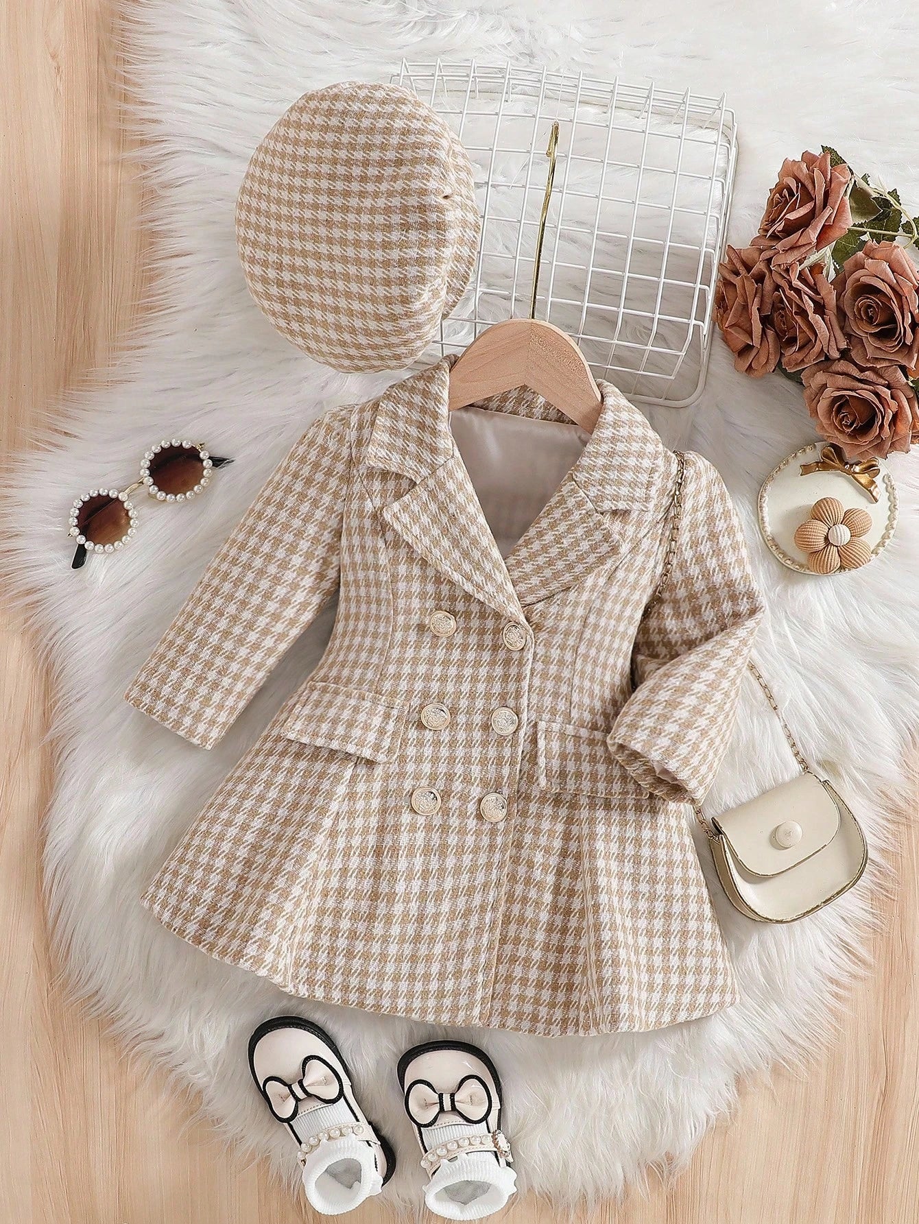 Baby Girls' White Lapel Collar A-Line Dress With Matching Beret Hat Autumn Elegant Birthday Back-To-School Vintage Lapel Faux Pocket Fall Dress