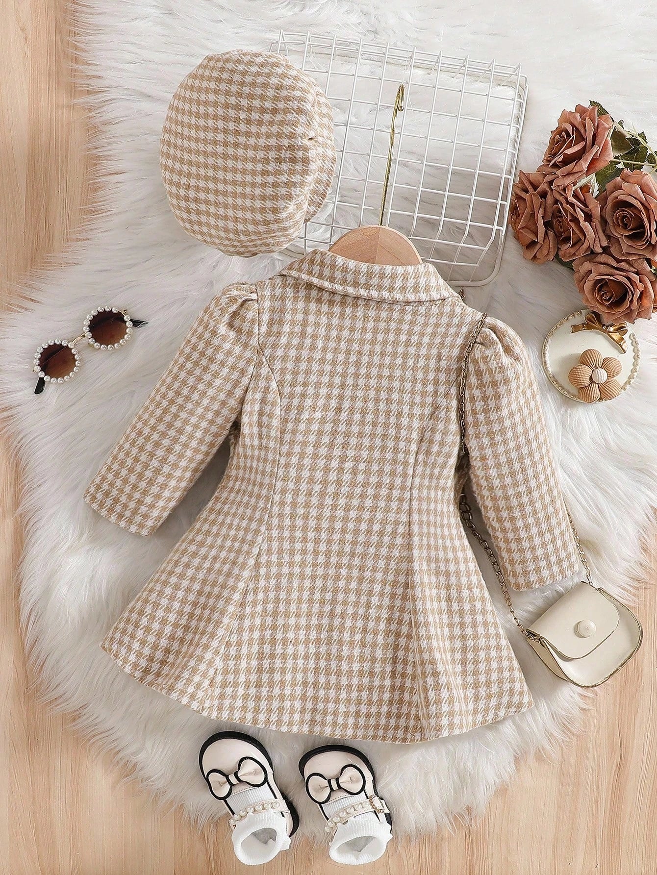 Baby Girls' White Lapel Collar A-Line Dress With Matching Beret Hat Autumn Elegant Birthday Back-To-School Vintage Lapel Faux Pocket Fall Dress