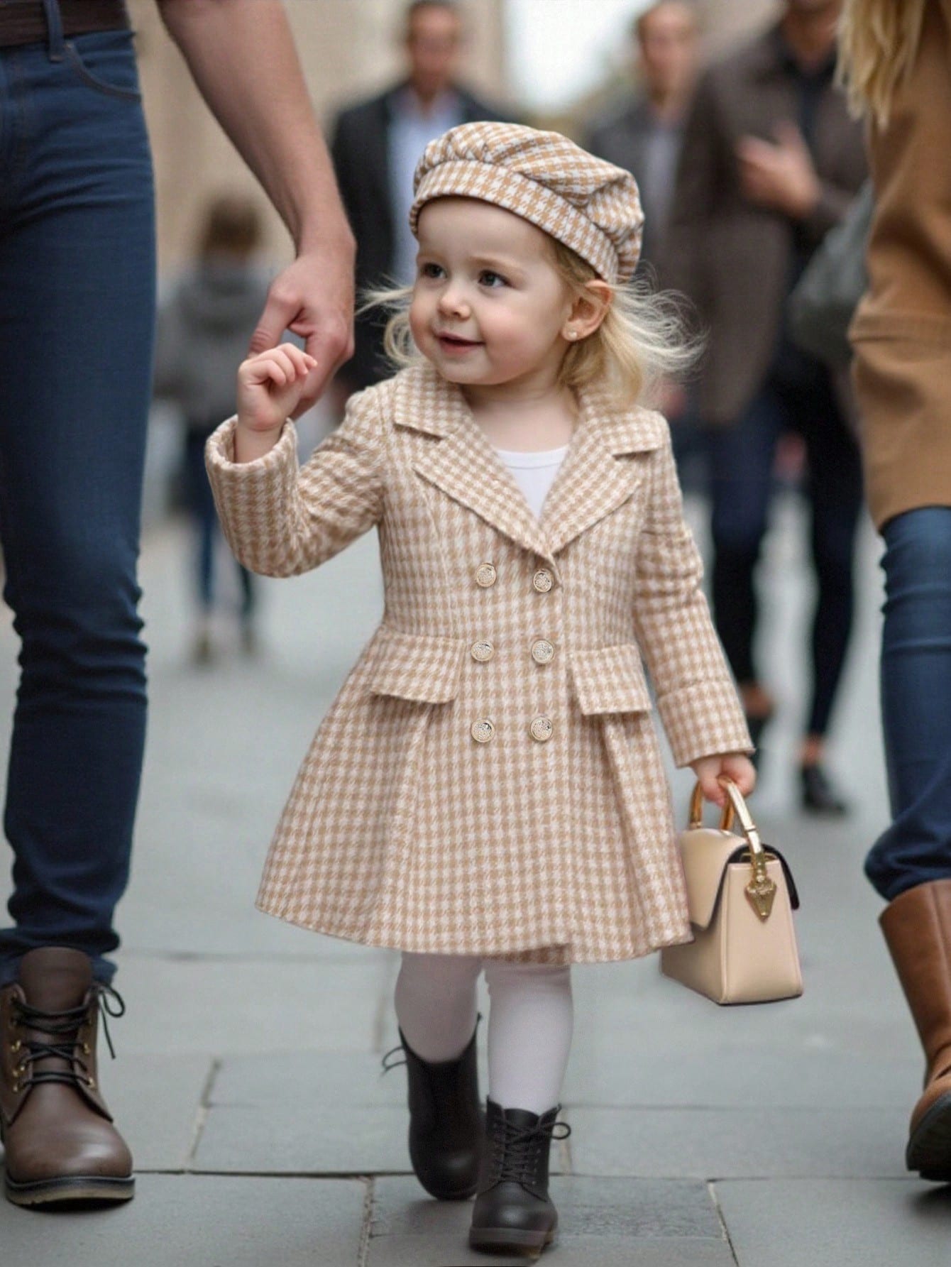 Baby Girls' White Lapel Collar A-Line Dress With Matching Beret Hat Autumn Elegant Birthday Back-To-School Vintage Lapel Faux Pocket Fall Dress