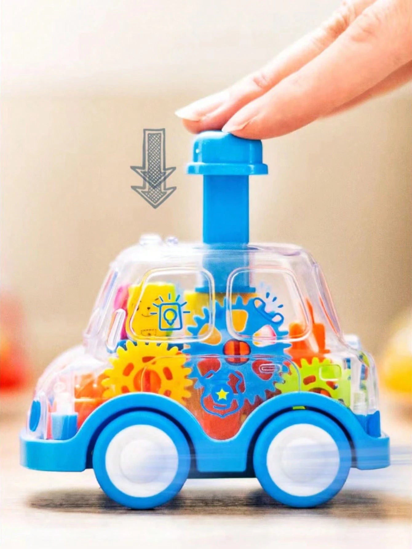 Baby Press Down Transparent Gear Toy Car, Educational Infant Cognitive Toy Car Gift (Some Accessories Color Random)
