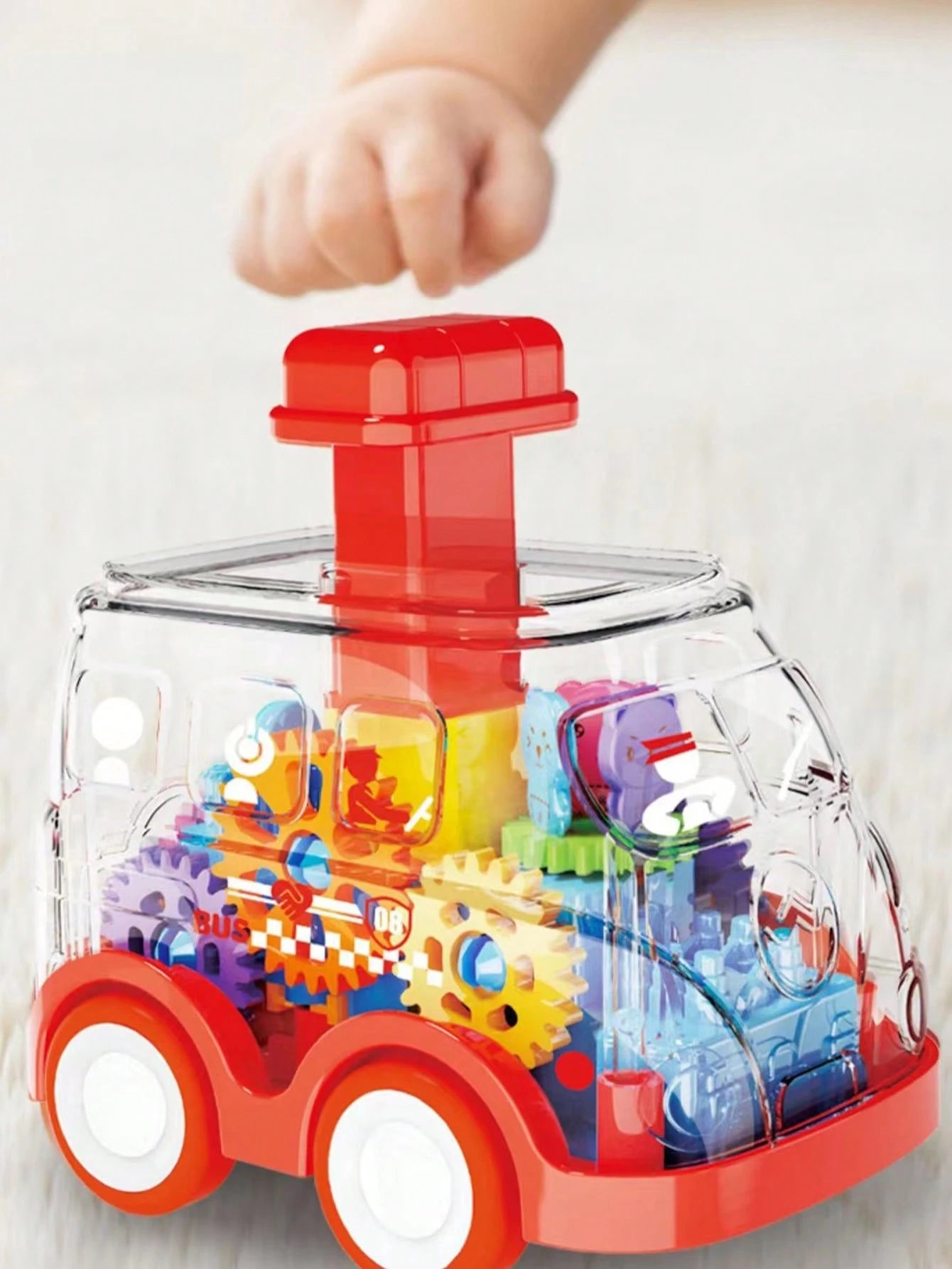 Baby Press Down Transparent Gear Toy Car, Educational Infant Cognitive Toy Car Gift (Some Accessories Color Random)