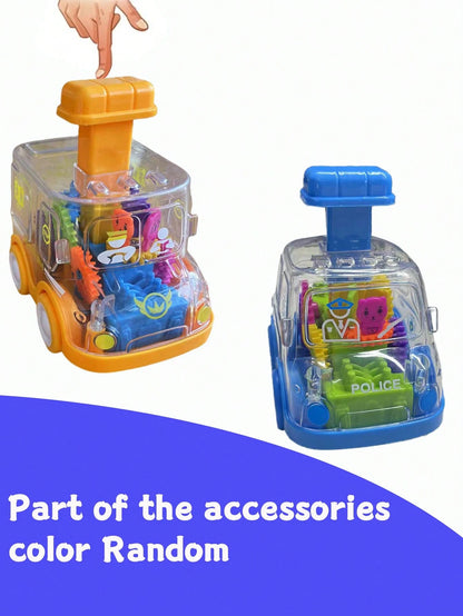 Baby Press Down Transparent Gear Toy Car, Educational Infant Cognitive Toy Car Gift (Some Accessories Color Random)