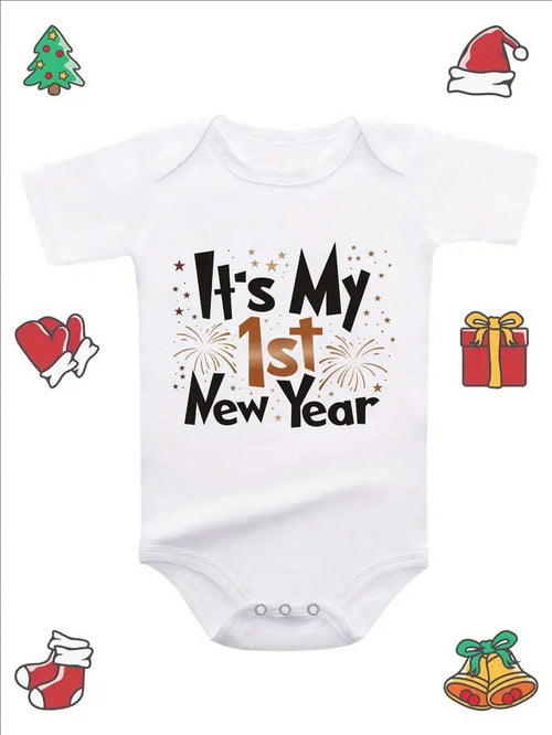 Baby Triangle For Boys Girls, Happy New Year Fireworks Letter Print Newborn Cute Long Sleeve Outdoor Jumpsuit