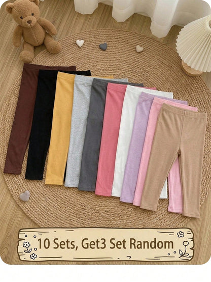Babygirl Casual Cute Versatile Knit Solid Color Elastic Waist Long Pants Multi-Piece Set(10 Sets, Get3 Set Random)