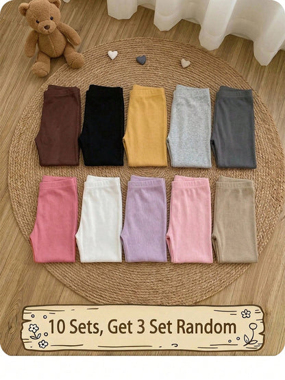 Babygirl Casual Cute Versatile Knit Solid Color Elastic Waist Long Pants Multi-Piece Set(10 Sets, Get3 Set Random)