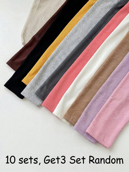 Babygirl Casual Cute Versatile Knit Solid Color Elastic Waist Long Pants Multi-Piece Set(10 Sets, Get3 Set Random)