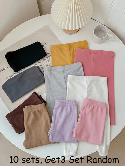 Babygirl Casual Cute Versatile Knit Solid Color Elastic Waist Long Pants Multi-Piece Set(10 Sets, Get3 Set Random)