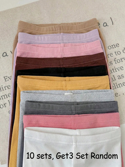 Babygirl Casual Cute Versatile Knit Solid Color Elastic Waist Long Pants Multi-Piece Set(10 Sets, Get3 Set Random)