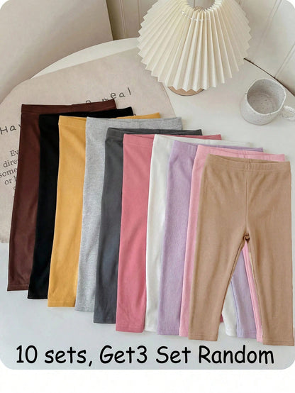 Babygirl Casual Cute Versatile Knit Solid Color Elastic Waist Long Pants Multi-Piece Set(10 Sets, Get3 Set Random)