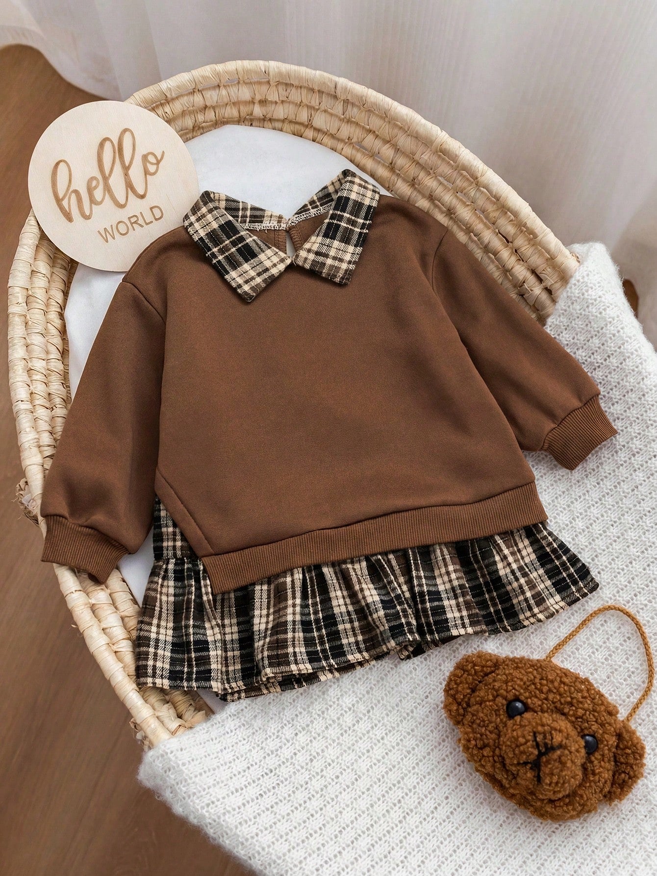 Babygirl Cute Brown Knitted Patchwork Plaid Long Sleeve Autumn Winter Dress