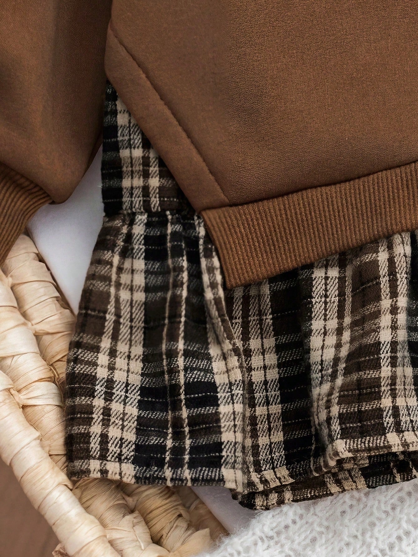 Babygirl Cute Brown Knitted Patchwork Plaid Long Sleeve Autumn Winter Dress