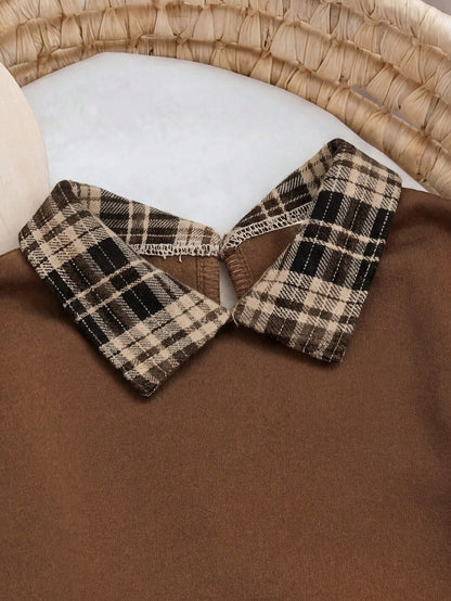 Babygirl Cute Brown Knitted Patchwork Plaid Long Sleeve Autumn Winter Dress