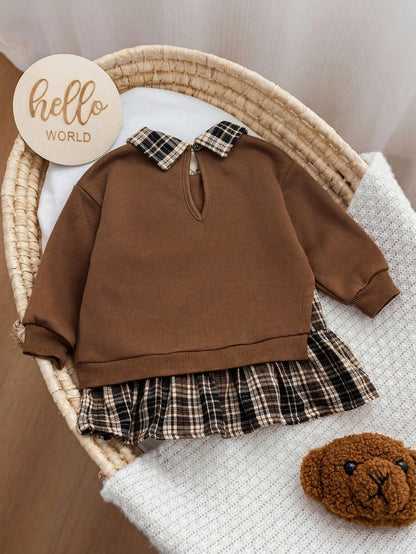 Babygirl Cute Brown Knitted Patchwork Plaid Long Sleeve Autumn Winter Dress