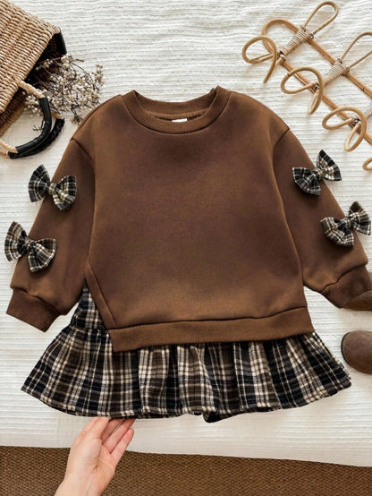 Babygirl Cute Brown Knitted Patchwork Plaid Long Sleeve Autumn Winter Dress