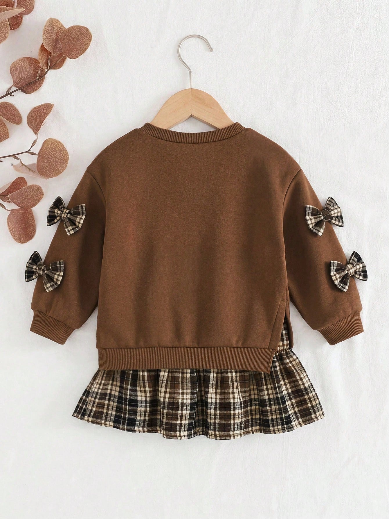Babygirl Cute Brown Knitted Patchwork Plaid Long Sleeve Autumn Winter Dress