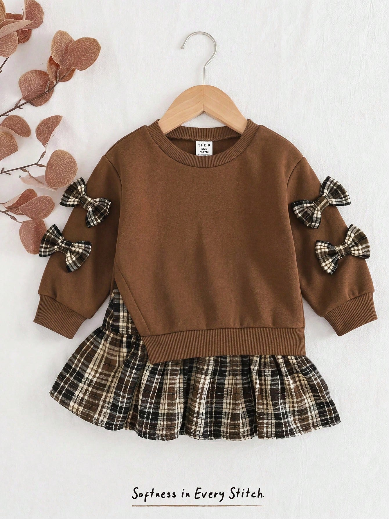 Babygirl Cute Brown Knitted Patchwork Plaid Long Sleeve Autumn Winter Dress