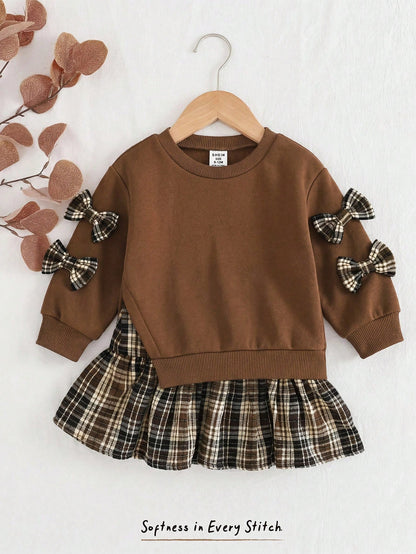 Babygirl Cute Brown Knitted Patchwork Plaid Long Sleeve Autumn Winter Dress