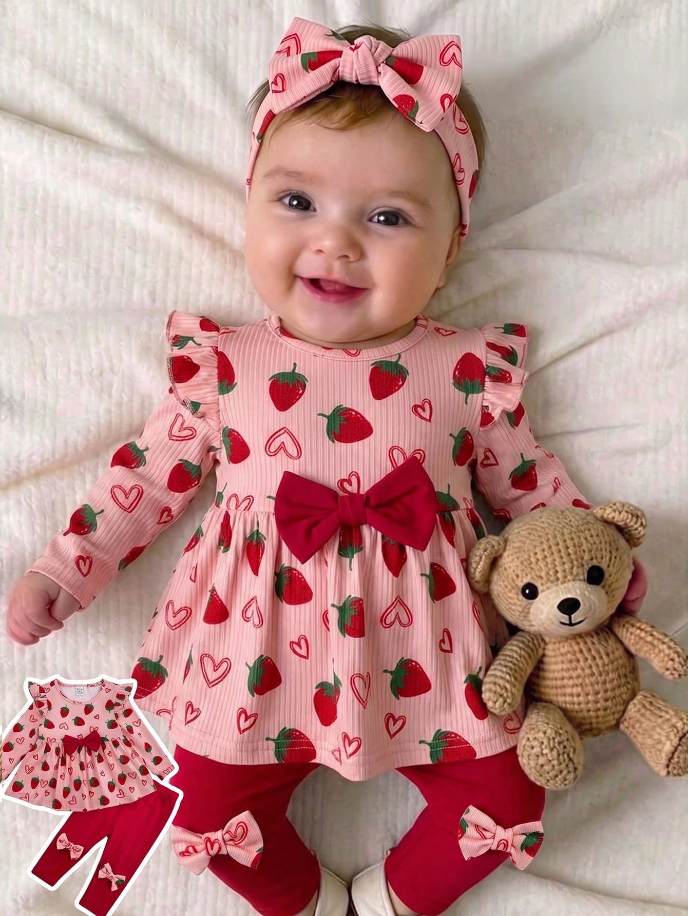 Babygirl Cute Casual Knitted Strawberry Pattern Bow Top & Elastic Waist Long Pants Set