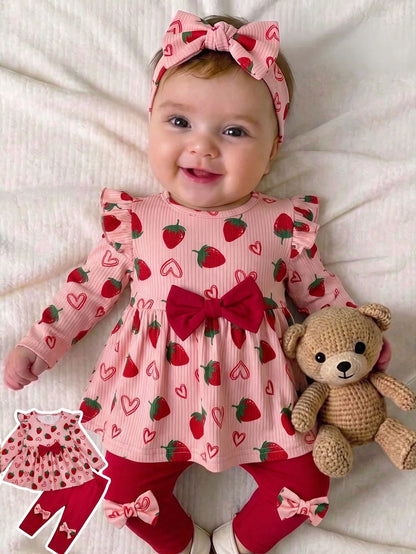 Babygirl Cute Casual Knitted Strawberry Pattern Bow Top & Elastic Waist Long Pants Set